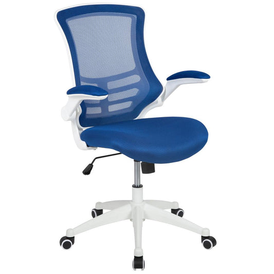 Mid-Back Blue Mesh Swivel Ergonomic Task Office Chair with White Frame and Flip-Up Arms