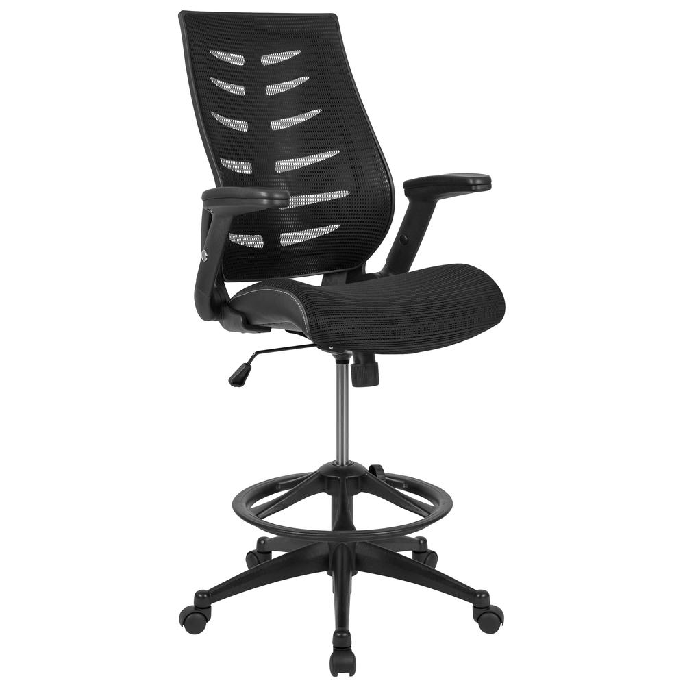 High Back Black Mesh Spine-Back Ergonomic Drafting Chair with Adjustable Foot Ring and Adjustable Flip-Up Arms