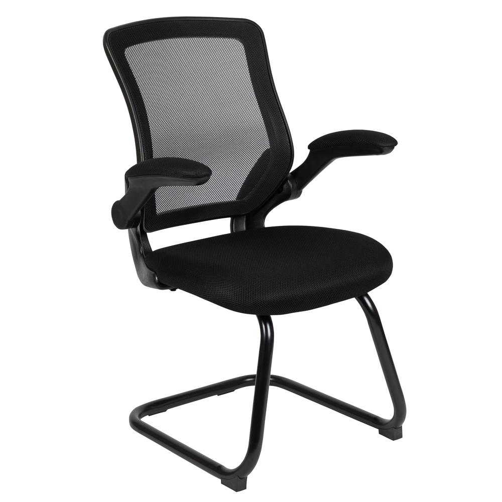 Black Mesh Sled Base Side Reception Chair with Flip-Up Arms