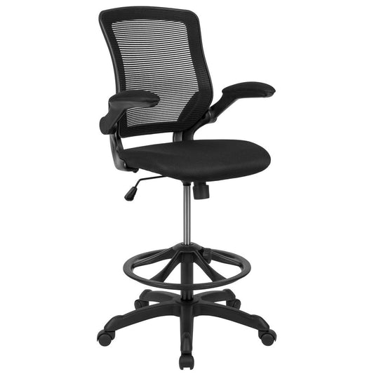 MidBack Black Mesh Ergonomic Drafting Chair with Adjustable Foot Ring and Flip-Up Arms