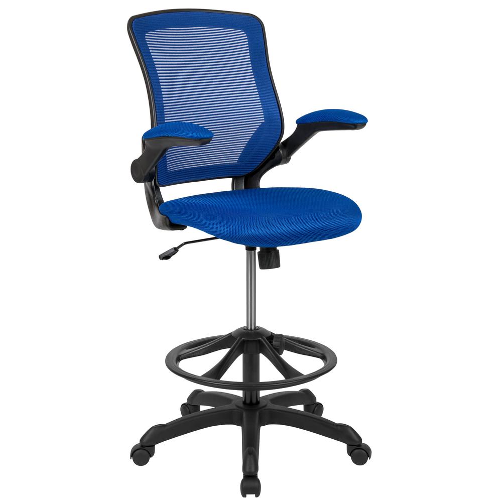 MidBack Blue Mesh Ergonomic Drafting Chair with Adjustable Foot Ring and Flip-Up Arms