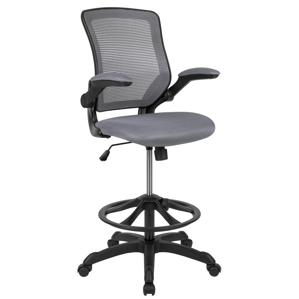 MidBack Dark Gray Mesh Ergonomic Drafting Chair with Adjustable Foot Ring and Flip-Up Arms