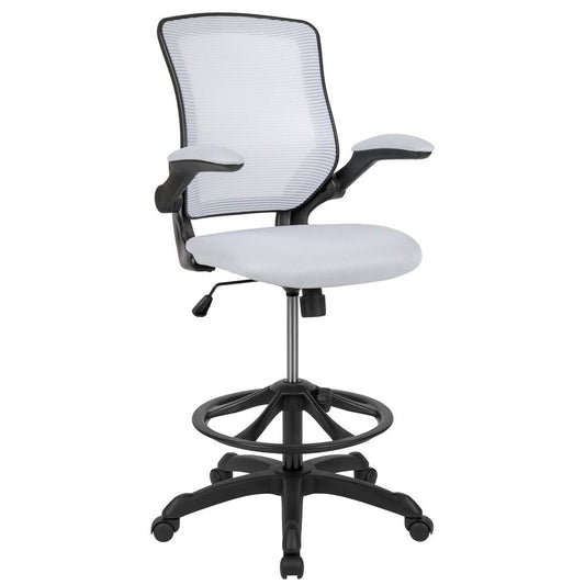 MidBack White Mesh Ergonomic Drafting Chair with Adjustable Foot Ring and Flip-Up Arms