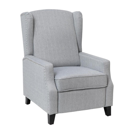 Prescott Traditional Style Slim Push Back Recliner Chair-Wingback Recliner with Gray Polyester Fabric Upholstery-Accent Nail Trim