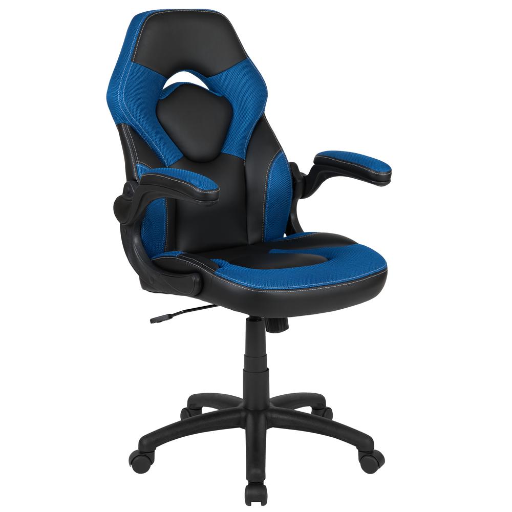 X10 Gaming Chair Racing Office Ergonomic Computer PC Adjustable Swivel Chair with Flip-up Arms, Blue/Black LeatherSoft