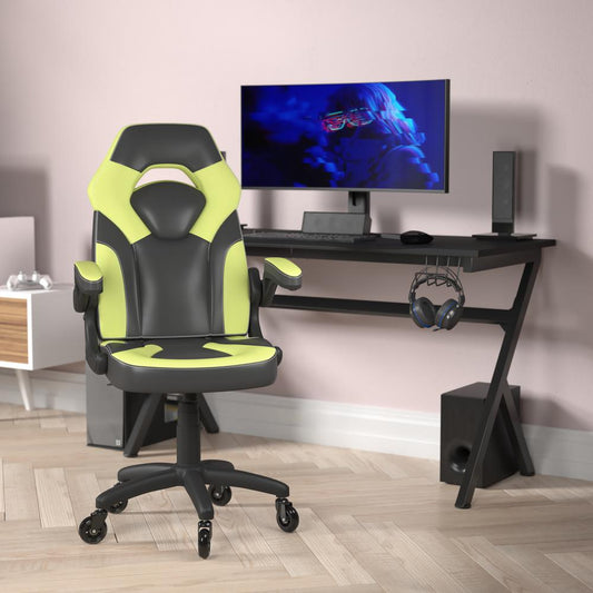 X10 Gaming Chair Racing Computer PC Adjustable Chair with Flip-up Arms and Transparent Roller Wheels, Neon Green/Black LeatherSoft