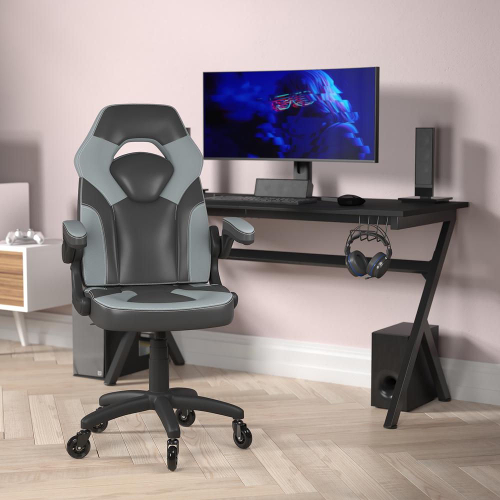 X10 Gaming Chair Racing Office Computer PC Adjustable Chair with Flip-up Arms and Transparent Roller Wheels, Gray/Black LeatherSoft