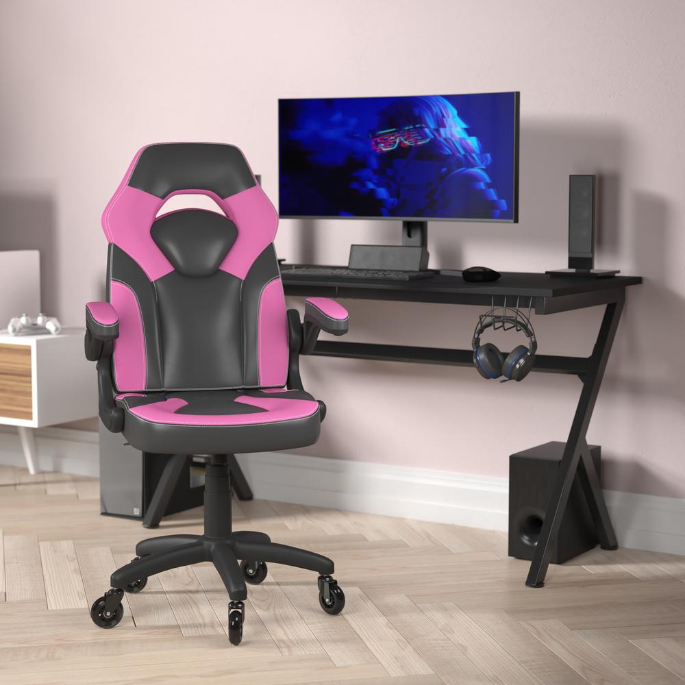 X10 Gaming Chair Racing Office Computer PC Adjustable Chair with Flip-up Arms and Transparent Roller Wheels, Pink/Black LeatherSoft