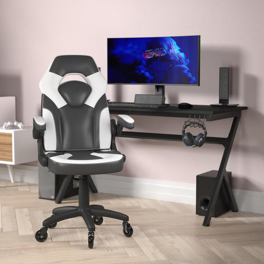 X10 Gaming Chair Racing Office Computer PC Adjustable Chair with Flip-up Arms and Transparent Roller Wheels, White/Black LeatherSoft