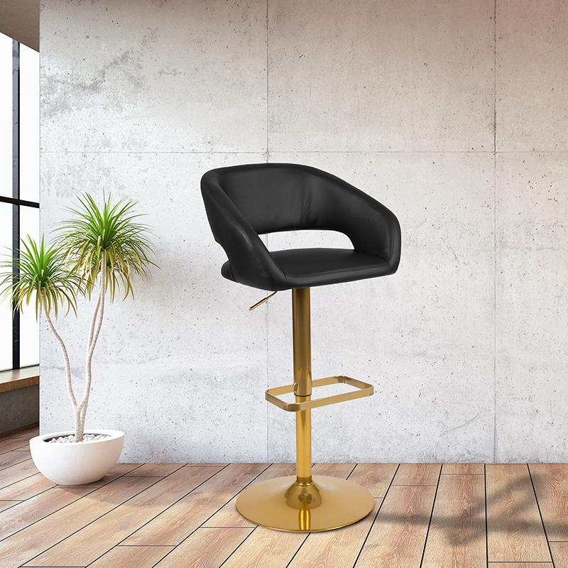 Contemporary Black Vinyl Adjustable Height Barstool with Rounded Mid-Back and Gold Base