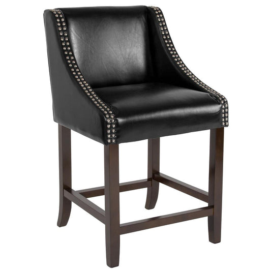 Carmel Series 24" High Transitional Walnut Counter Height Stool with Nail Trim in Black LeatherSoft