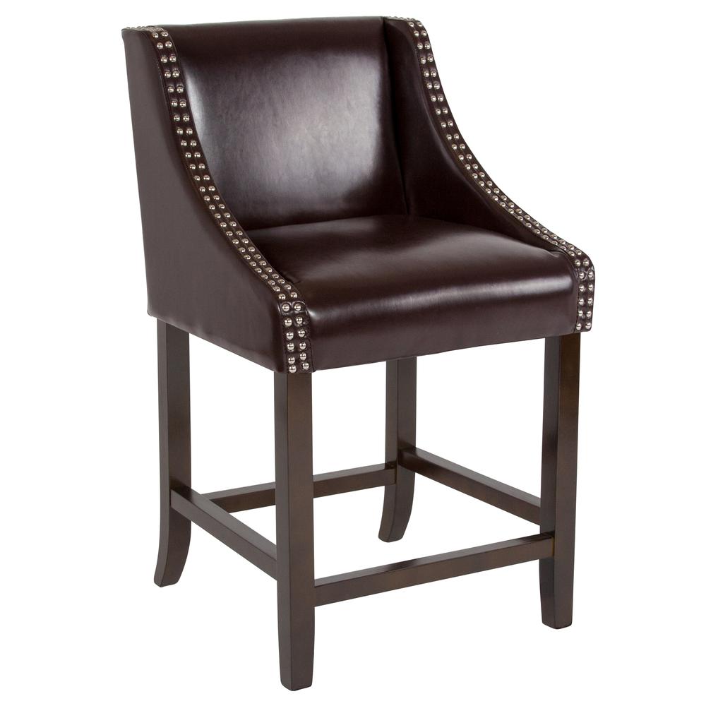 Carmel Series 24" High Transitional Walnut Counter Height Stool with Nail Trim in Brown LeatherSoft