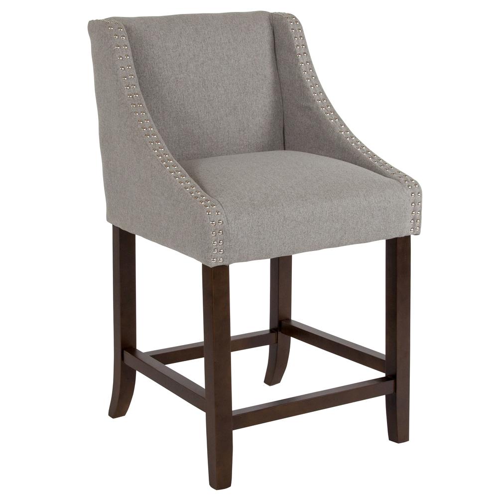 Carmel Series 24" High Transitional Walnut Counter Height Stool with Accent Nail Trim in Light Gray Fabric