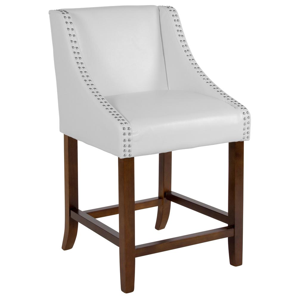 Carmel Series 24" High Transitional Walnut Counter Height Stool with Nail Trim in White LeatherSoft