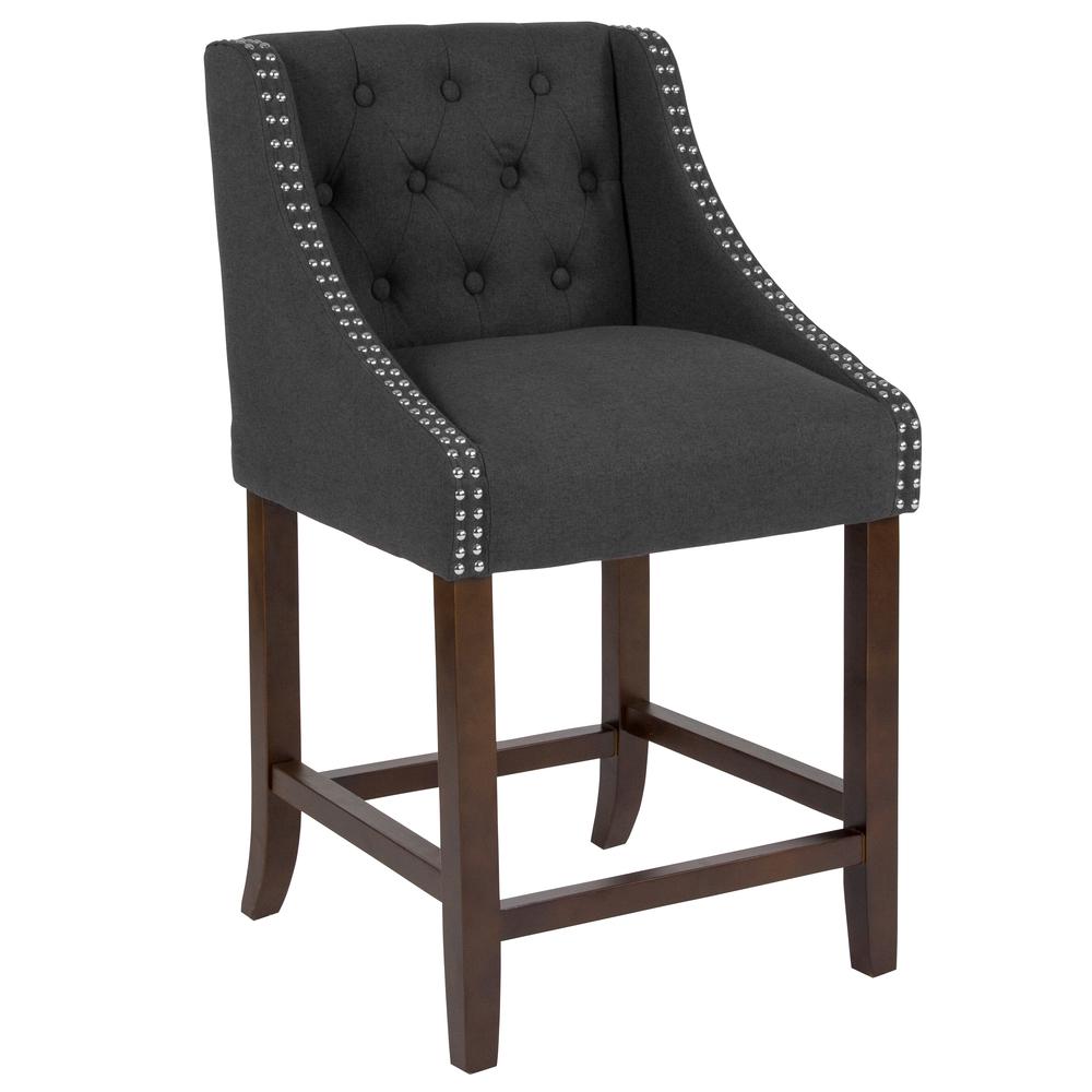 Carmel Series 24" High Transitional Tufted Walnut Counter Height Stool with Accent Nail Trim in Charcoal Fabric