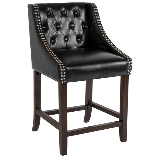 Carmel Series 24" High Transitional Tufted Walnut Counter Height Stool with Accent Nail Trim in Black LeatherSoft