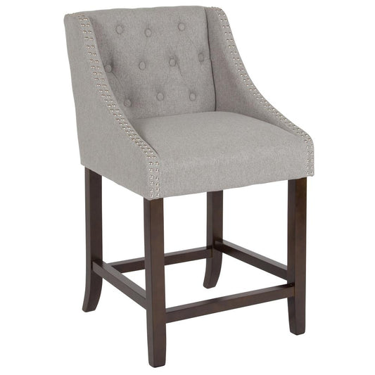 Carmel Series 24" High Transitional Tufted Walnut Counter Height Stool with Accent Nail Trim in Light Gray Fabric