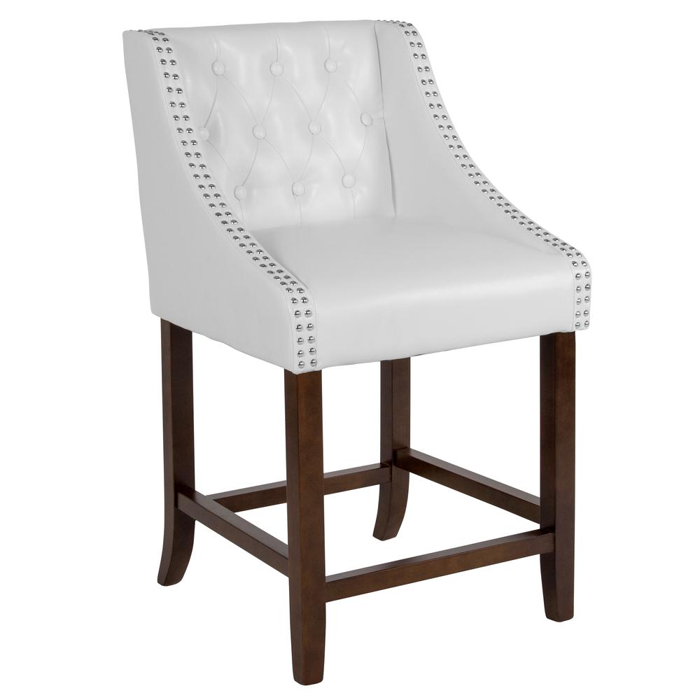 Carmel Series 24" High Transitional Tufted Walnut Counter Height Stool with Accent Nail Trim in White LeatherSoft