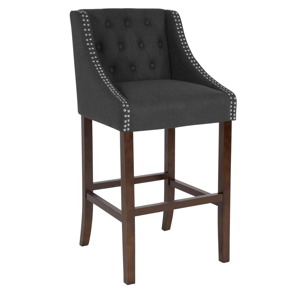 Carmel Series 30" High Transitional Tufted Walnut Barstool with Accent Nail Trim in Charcoal Fabric