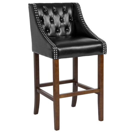 Carmel Series 30" High Transitional Tufted Walnut Barstool with Accent Nail Trim in Black LeatherSoft