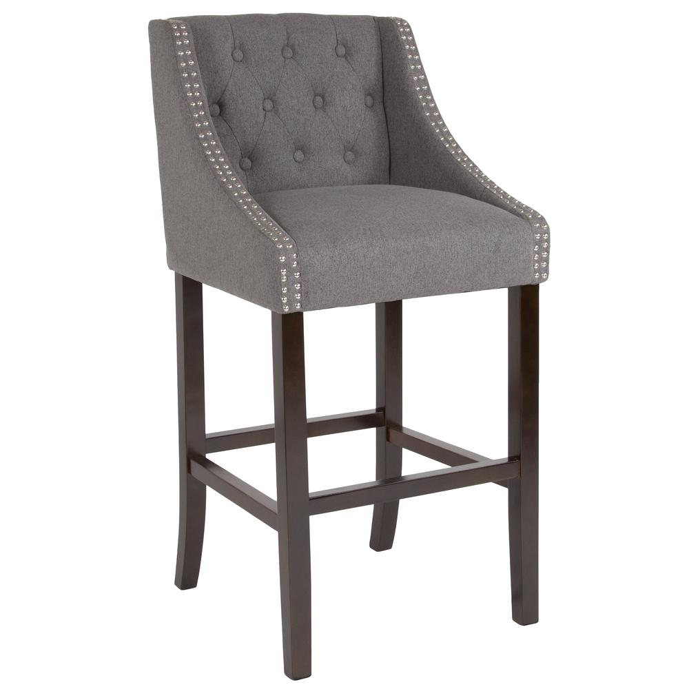 Carmel Series 30" High Transitional Tufted Walnut Barstool with Accent Nail Trim in Dark Gray Fabric