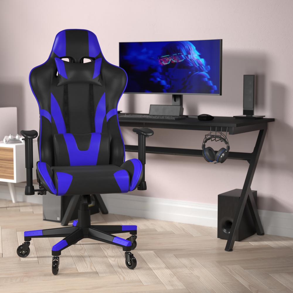 X20 Gaming Chair Racing Office Computer PC Adjustable Chair with Reclining Back and Transparent Roller Wheels in Blue LeatherSoft