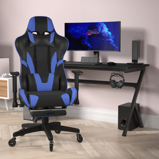 X30 Gaming Chair Racing Computer Chair with Reclining Back, Slide-Out Footrest, and Transparent Roller Wheels in Blue LeatherSoft