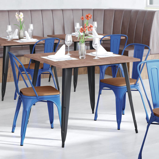 Perry Commercial Grade Blue Metal Indoor-Outdoor Stackable Chair with Teak Poly Resin Wood Seat