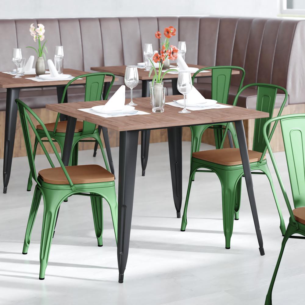 Perry Commercial Grade Green Metal Indoor-Outdoor Stackable Chair with Teak Poly Resin Wood Seat