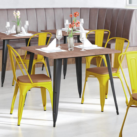 Perry Commercial Grade Yellow Metal Indoor-Outdoor Stackable Chair with Teak Poly Resin Wood Seat