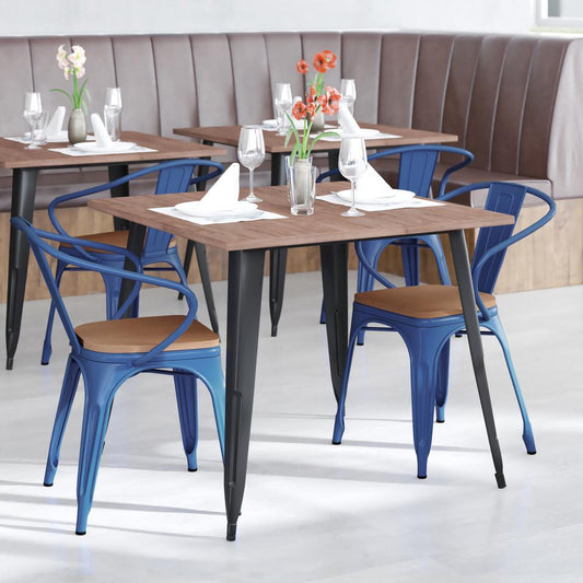 Luna Commercial Grade Blue Metal Indoor-Outdoor Chair with Arms with Teak Poly Resin Wood Seat