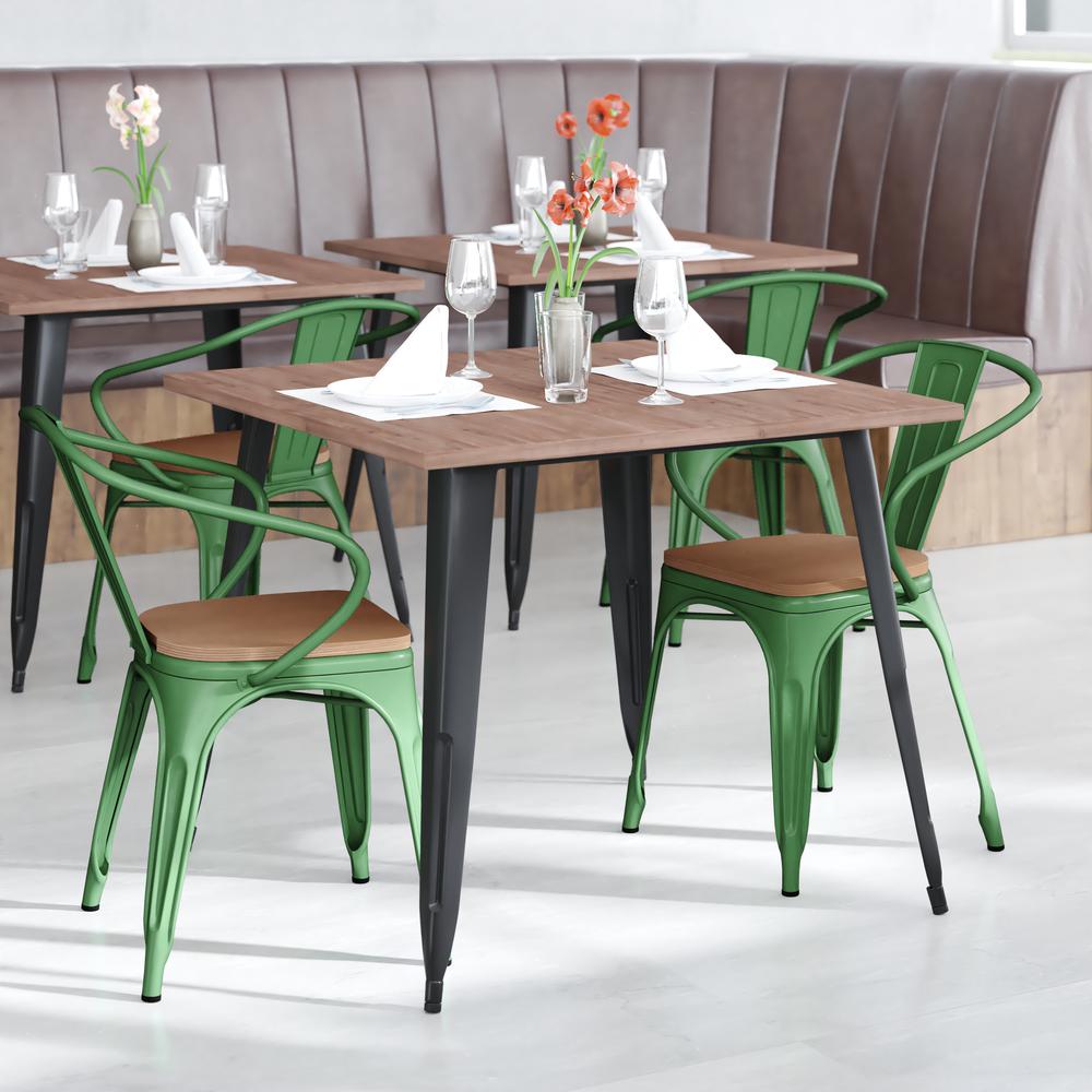 Luna Commercial Grade Green Metal Indoor-Outdoor Chair with Arms with Teak Poly Resin Wood Seat