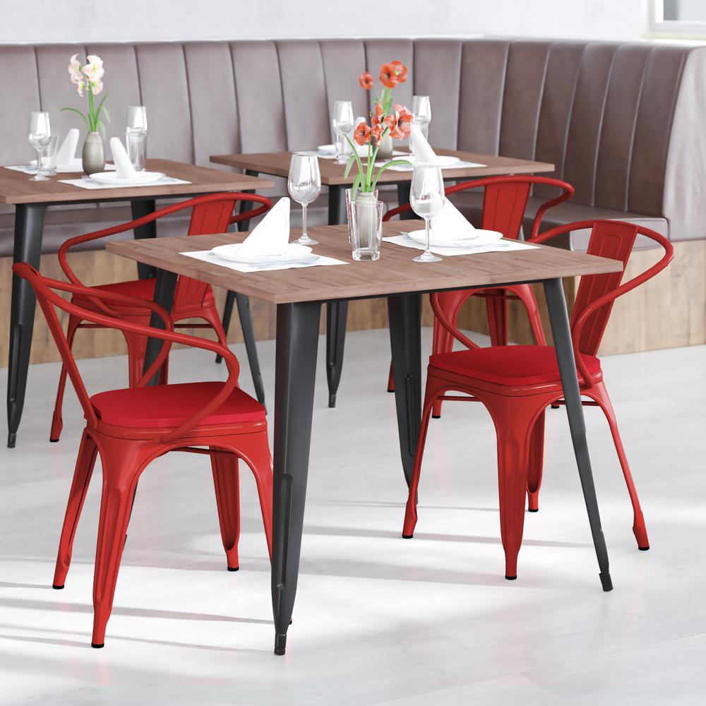 Luna Commercial Grade Red Metal Indoor-Outdoor Chair with Arms with Red Poly Resin Wood Seat