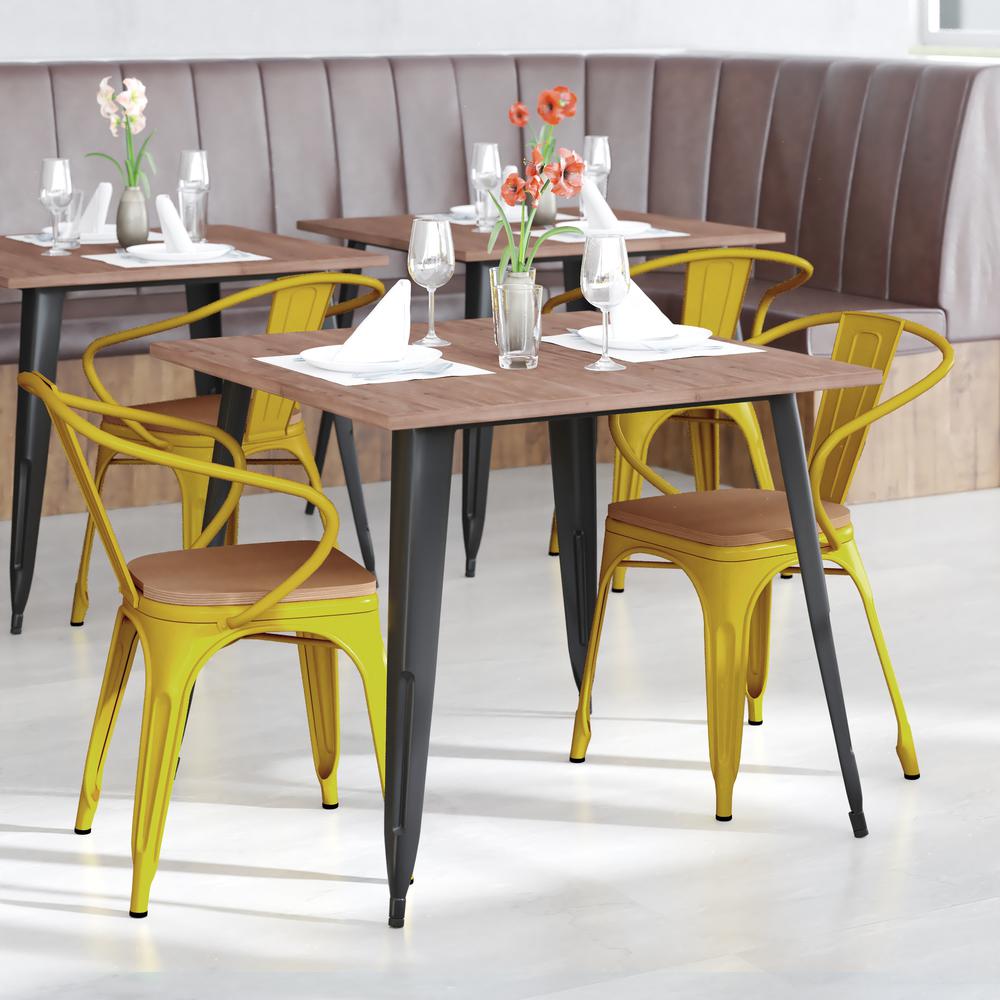 Luna Commercial Grade Yellow Metal Indoor-Outdoor Chair with Arms with Teak Poly Resin Wood Seat