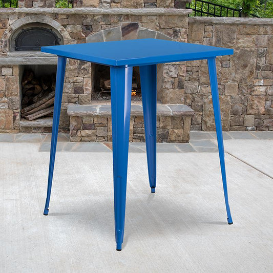 Commercial Grade 31.5" Square Blue Metal Indoor-Outdoor Bar Height Table