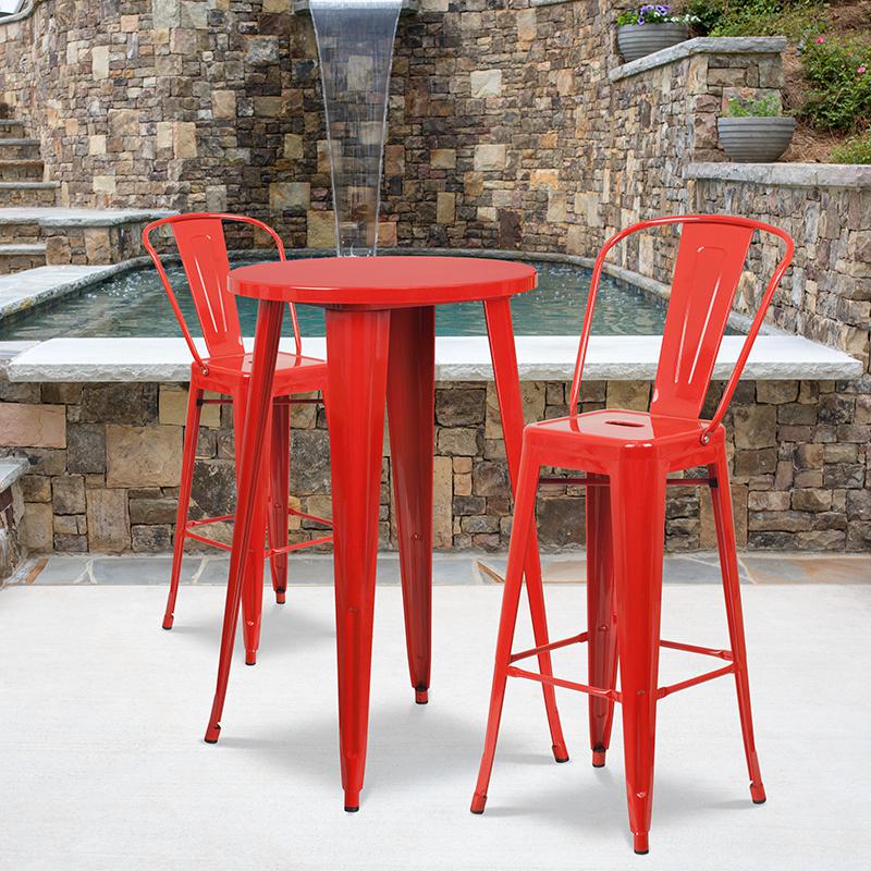 24'' Round Red Metal Indoor-Outdoor Bar Table Set with 2 Cafe Stools