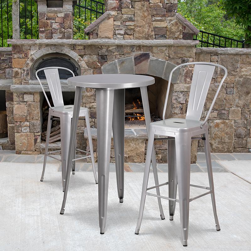 24'' Round Silver Metal Indoor-Outdoor Bar Table Set with 2 Cafe Stools