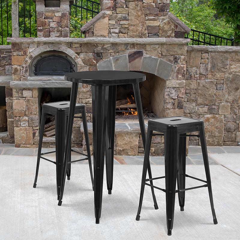 24'' Round Black Metal In-Outdoor Bar Table Set - 2 Square Seat Backless Stools