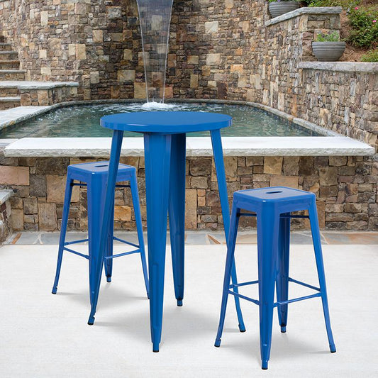 24'' Round Blue Metal In-Outdoor Bar Table Set - 2 Square Seat Backless Stools