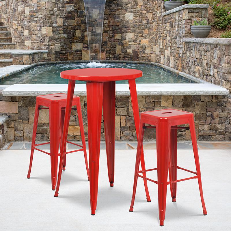 24'' Round Red Metal In-Outdoor Bar Table Set - 2 Square Seat Backless Stools