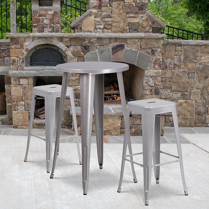 24'' Round Silver Metal In-Outdoor Bar Table Set-2 Square Seat Backless Stools