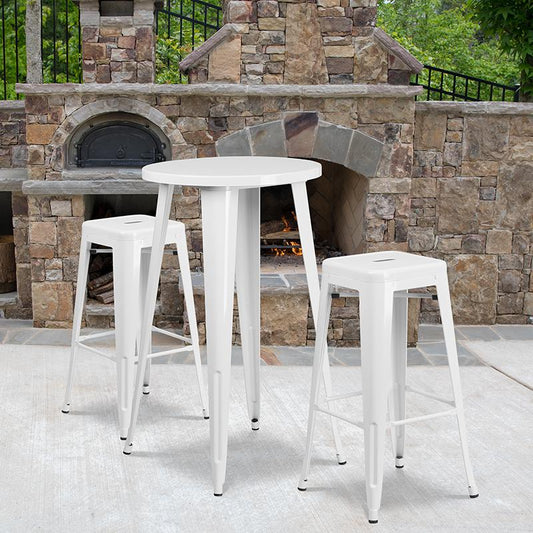 24'' Round White Metal In-Outdoor Bar Table Set - 2 Square Seat Backless Stools