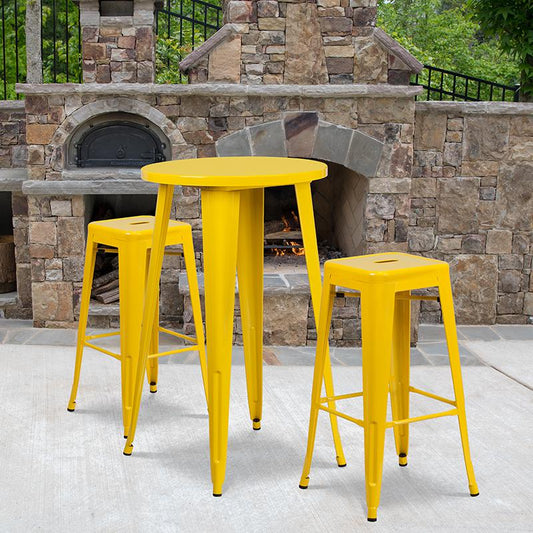 24'' Round Yellow Metal In-Outdoor Bar Table Set-2 Square Seat Backless Stools