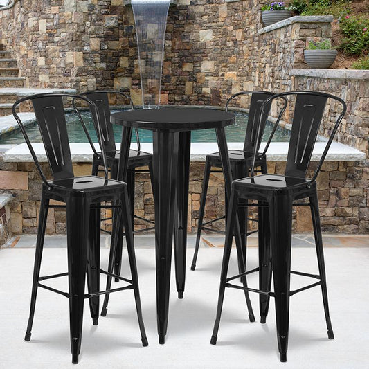 24'' Round Black Metal Indoor-Outdoor Bar Table Set with 4 Cafe Stools