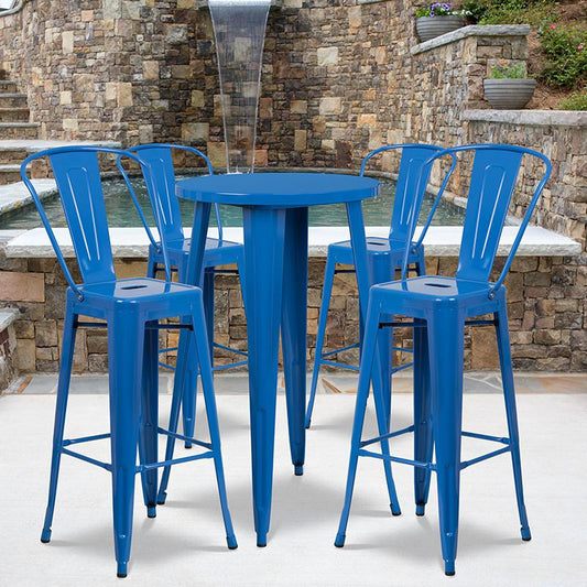 24'' Round Blue Metal Indoor-Outdoor Bar Table Set with 4 Cafe Stools