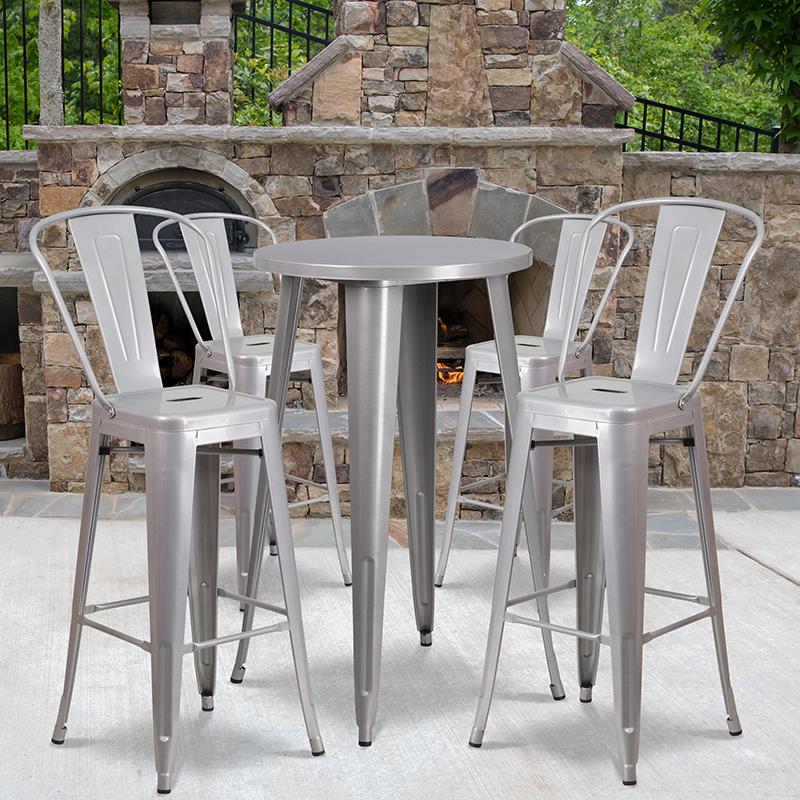 24'' Round Silver Metal Indoor-Outdoor Bar Table Set with 4 Cafe Stools