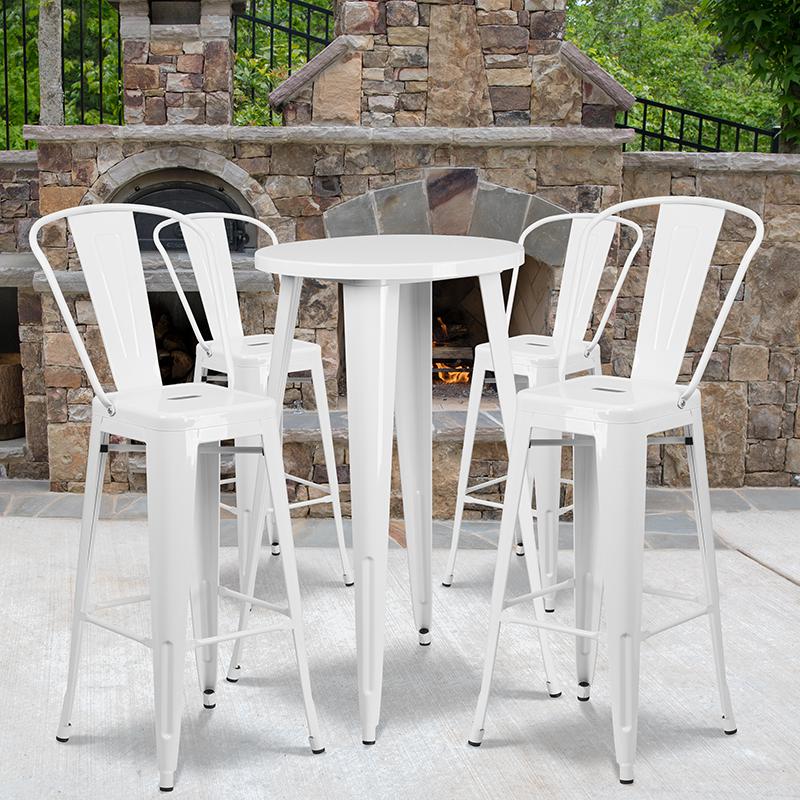 24'' Round White Metal Indoor-Outdoor Bar Table Set with 4 Cafe Stools