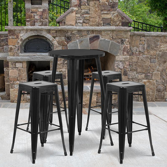 24'' Round Black Metal In-Outdoor Bar Table Set - 4 Square Seat Backless Stools