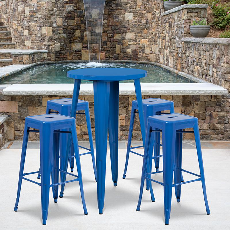 24'' Round Blue Metal In-Outdoor Bar Table Set - 4 Square Seat Backless Stools