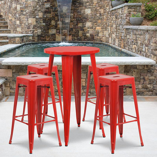 24'' Round Red Metal In-Outdoor Bar Table Set - 4 Square Seat Backless Stools